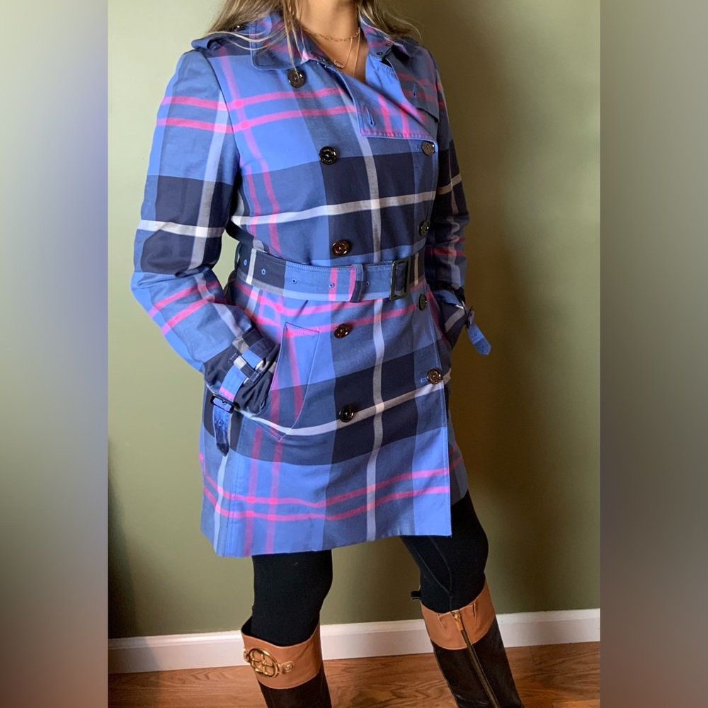 Jones New York Signature Blue Pink Navy Plaid Trench Coat size small